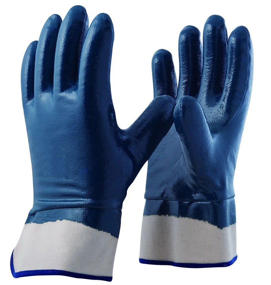 Best Selling Wholesale Cotton Jersey lining Fully Blue Nitrile Dipped Work Glove With Safety Cuff from China