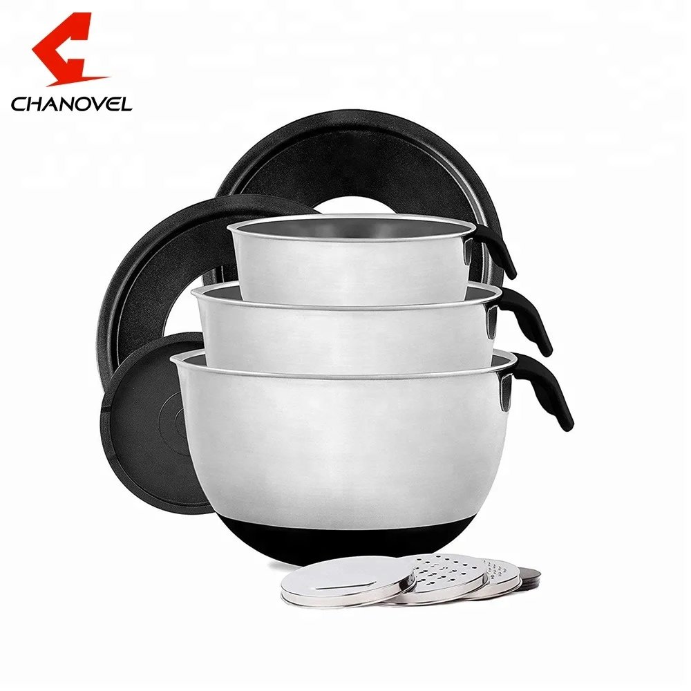 Multifunctional round flour mixing bowls stainless steel salad mixing bowl set with lid and grater for kitchenware