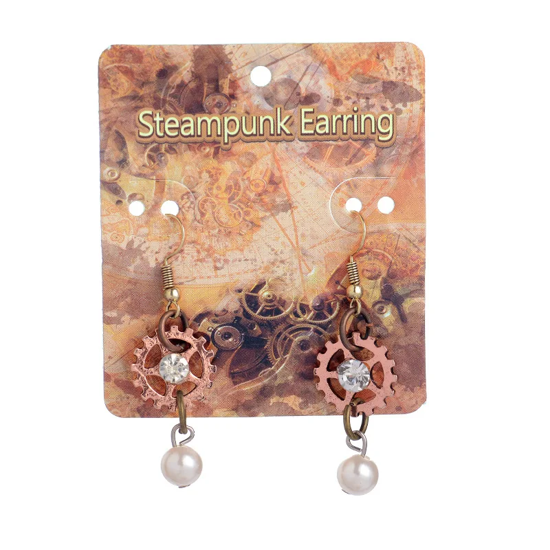 Fashion Ethnic Round Gears Crystal Pearl Dangle Earrings For Women Steampunk Ear Vintage Gold Silver Steam Punk Jewelry