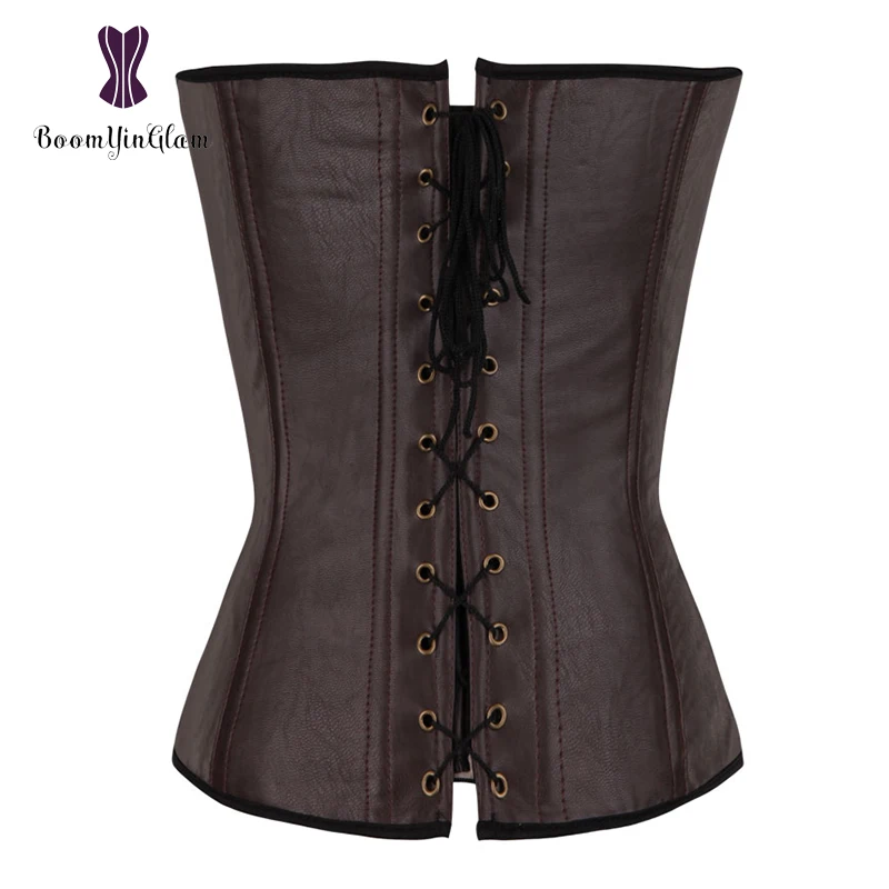 Plus Size Steampunk Corselet Boned Halter Bust Corset Faux Leather Gothic Shapewear Bodysuit