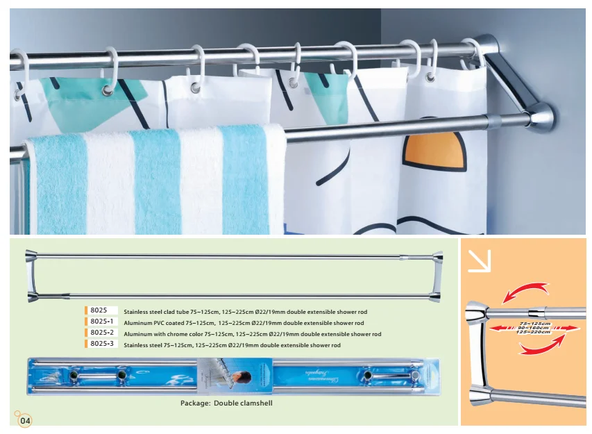 Double extensible stainless steel shower curtain rod