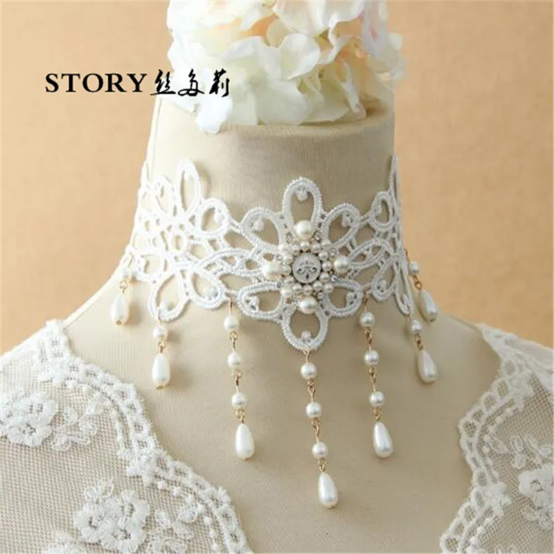 2018 Japan Fashion Pearl Beaded Handmade Sexy White Lace Wide Necklace Collar Neck Choker