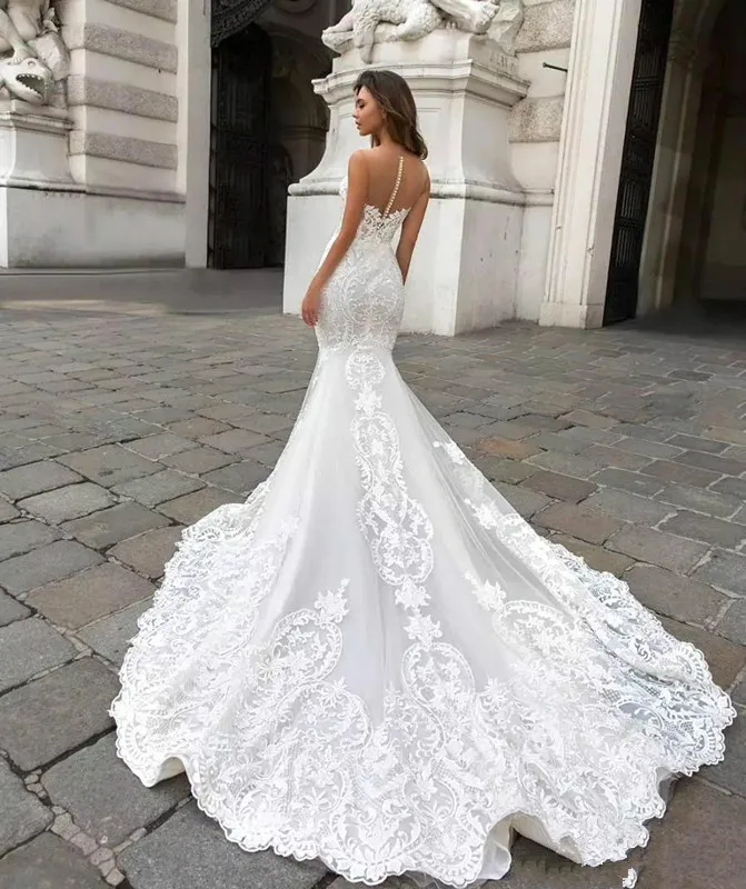 Dubai Arabic Brand  Mermaid Wedding dress Beading Sleeveless Long Court Train Lace Applique Wedding Dress Bridal Gowns