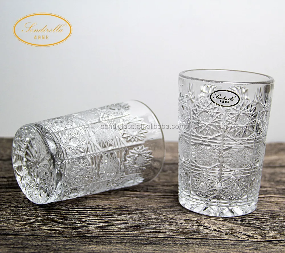 
2018 Bohemia Vintage style 8% Lead Crystal Hand-cut engraved sunflower whiskey tumbler glass cup factory price 