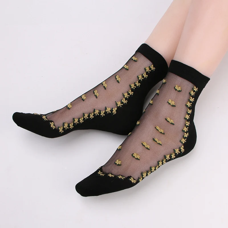 china suppliers colorful ultra-thin transparent beautiful crystal lace elastic short women socks