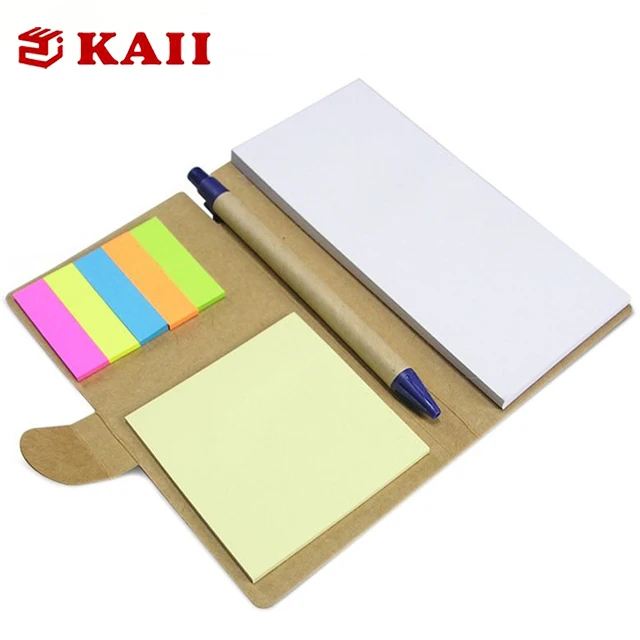 KAII Spiral Notebook Kraft Paper Cover Steno Pocket Notepad With Pen In Holder, Sticky Notes And Page Marker Index Tabs Flags
