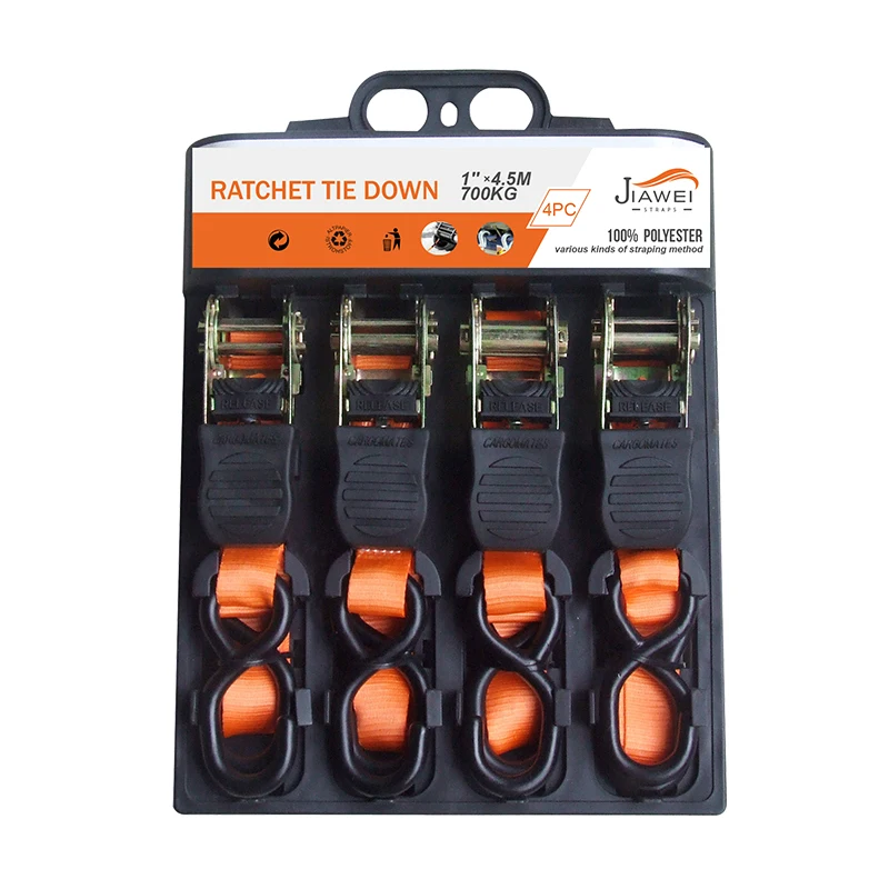 
4 pack rubber motorcycle tie down strap tie down ratchets cargo lashing with S hook ratchet tie down 