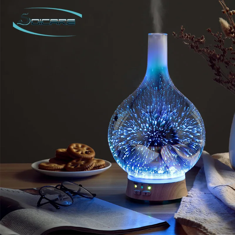 
SOICARE Factory 100ml glass 3D fire working Ultrasonic Aromatherapy Essential Oil Diffuser 