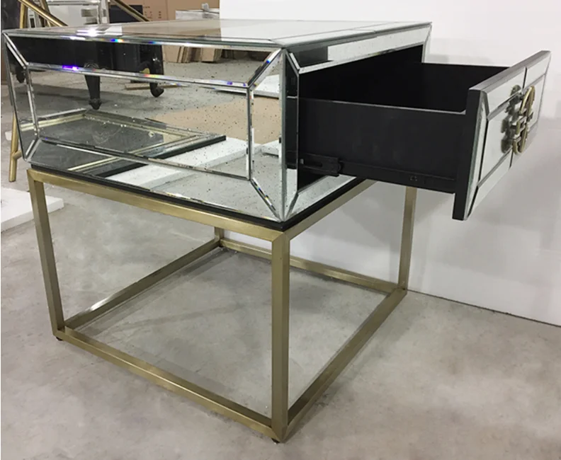 Лидер продаж, античная мебель для гостиной, зеркальный угловой стол с 1 выдвижным ящиком, стол из нержавеющей стали