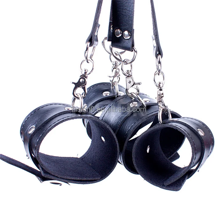 Wide Leather Hand and Leg Cuffs with Hogtie Wrist and Ankle Restraint Bondage Toys