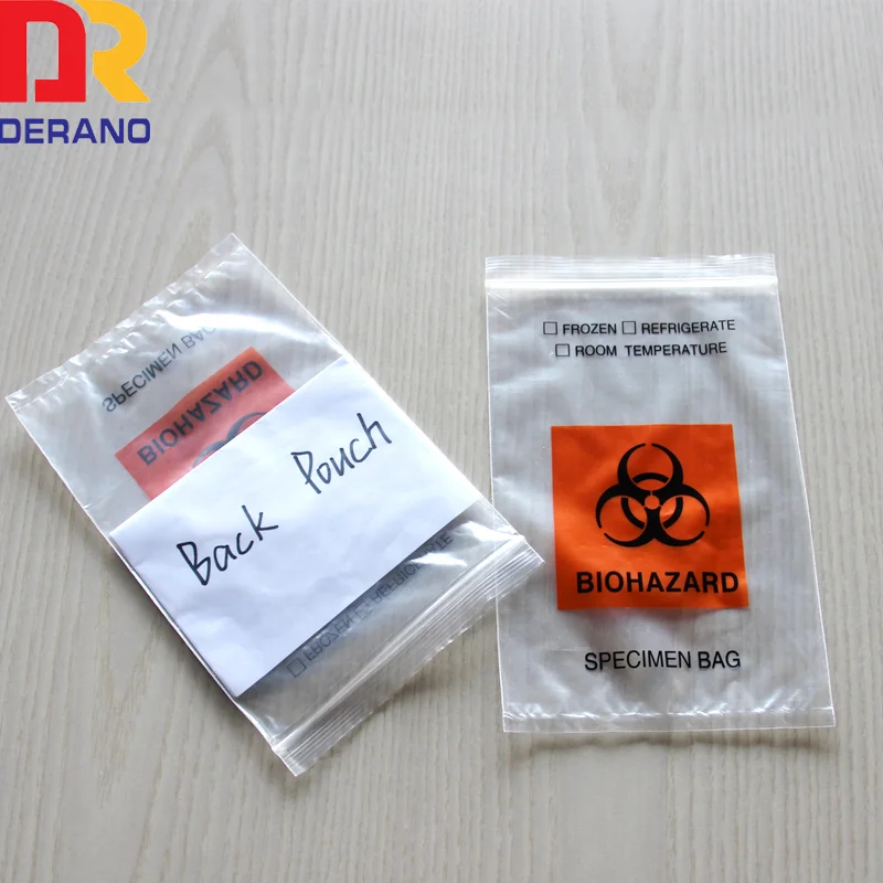Derano Plastic 3 layer specimen biohazard bag kangaroo bag with punch biological laboratory biohazard specimen bags with pocket