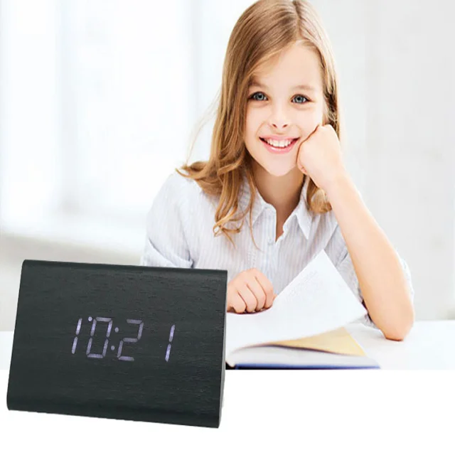 JCX/LED home wood  multi-functional temperature fashion three alarm clocks voice-controlled electronic alarm clock