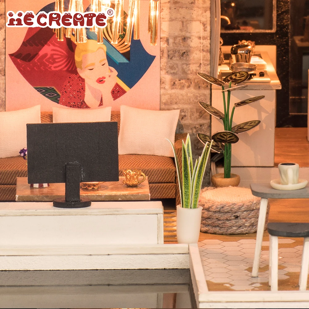 IIECREATE DIY Miniature House Kit for Kids LED Light Cardboard Dolls House with Wood Furniture 3D Accessories Set Model Building