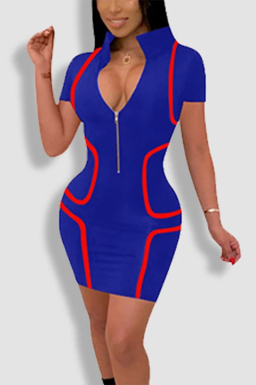 Sexy v-neck zipper short sleeve stripe splicing bodycon dress women one piece mini dress