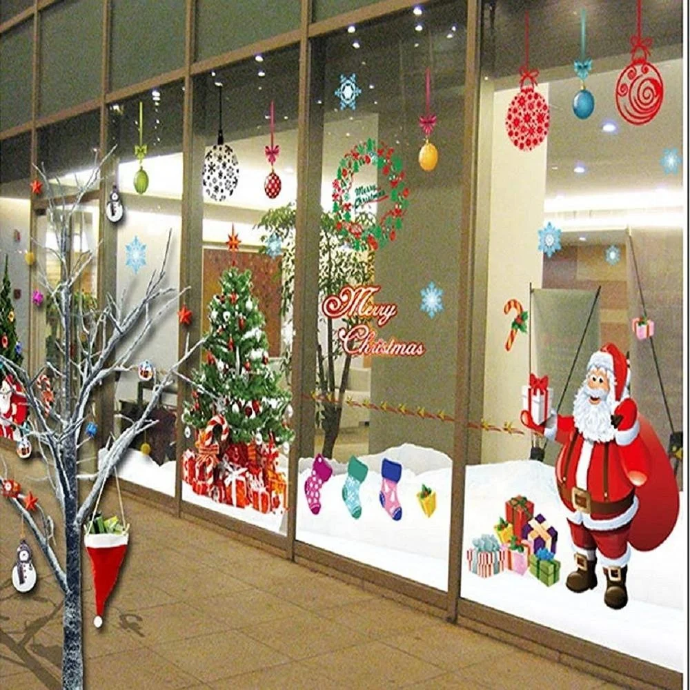 Merry Christmas Windows Stickers Santa Claus Removable Vinyl ChristmasTree  Wall Window Door Mural Decal Sticker For Showcase