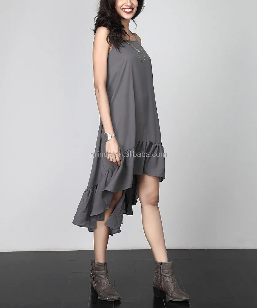 
CUSTOM Sexy Strappy Latest Korean Designs Women Gray Chiffon Ruffle-Hem Hi-Low Midi Dress for Women Party Wearing Clothing 