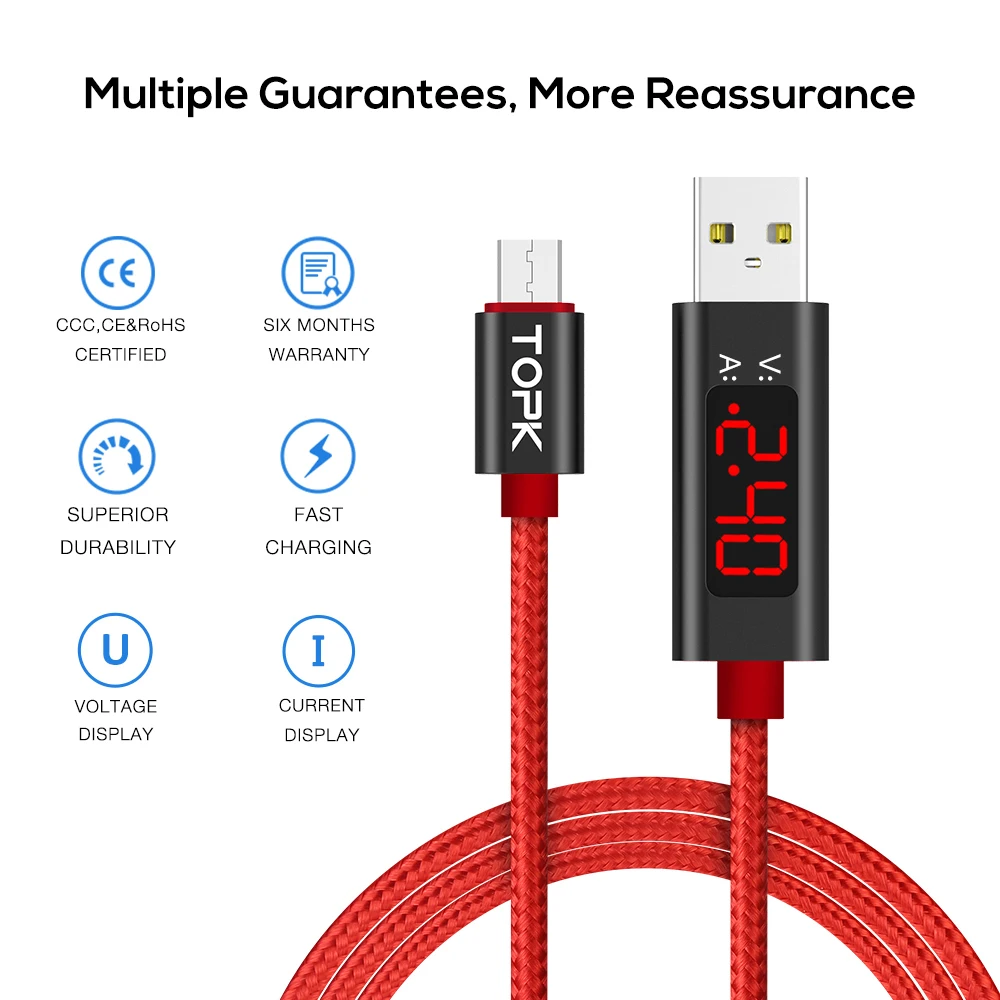 TOPK AN27 Voltage and Current LED Display Durable Nylon Weave USB Charging Cable & Data Sync Micro USB Cable