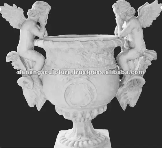 Custom Hand Carved Stone Outdoor Flower Pot Vase With Angels Statues DSF-LH06
