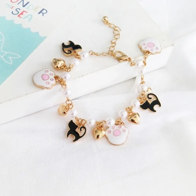 Multi Styles Available Fancy Gold Hand Chain Pearl Cat Charm Bracelet Design Women Girls