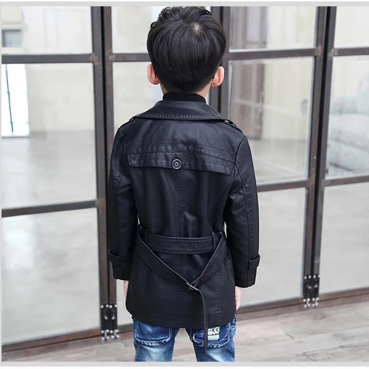 
2018 autumn and winter new plus velvet thick long windbreaker kid PU leather jacket 