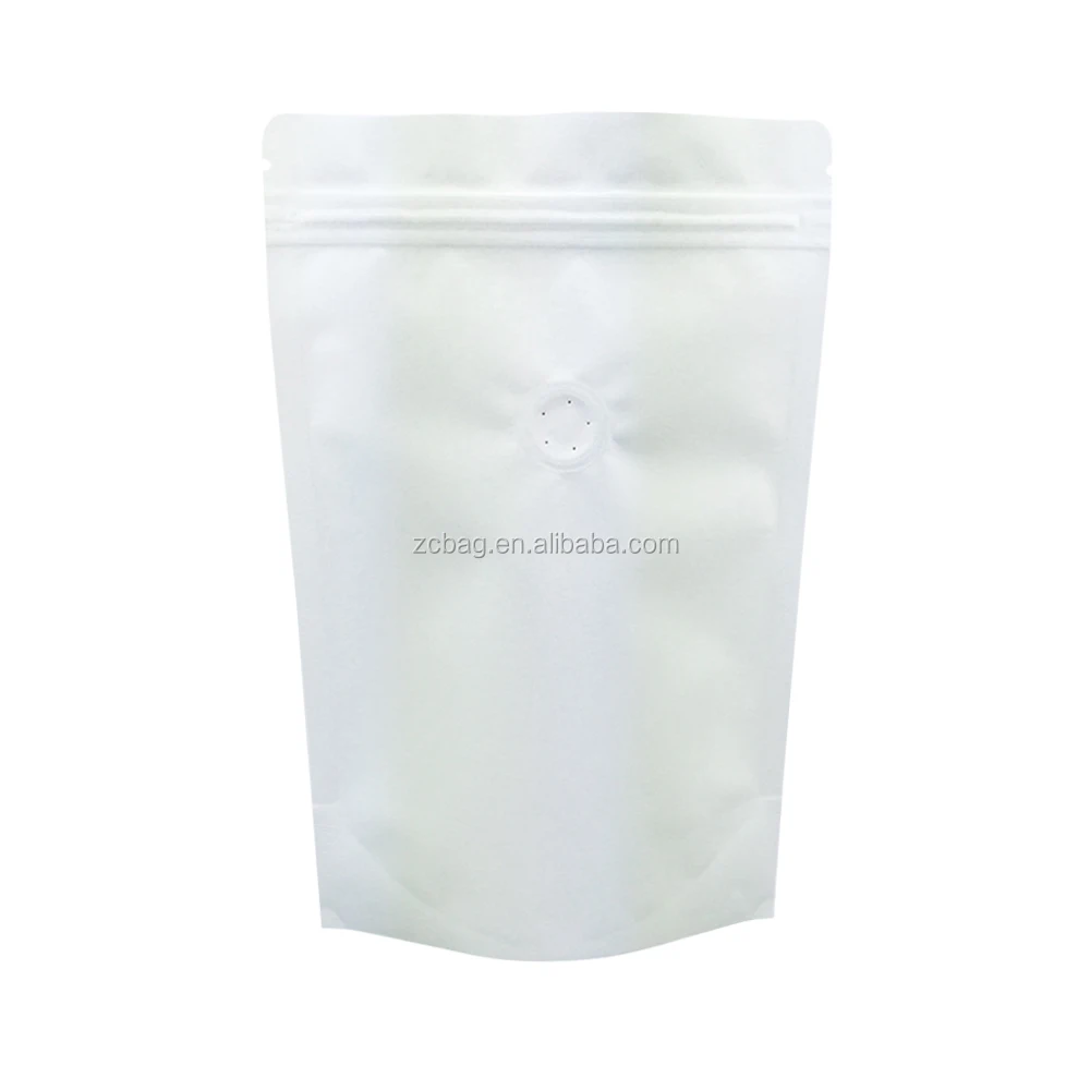 Wholesale white laminated kraft paper doypack plain stand up zipper pouch with degassing valve for coffee bean packaging bag