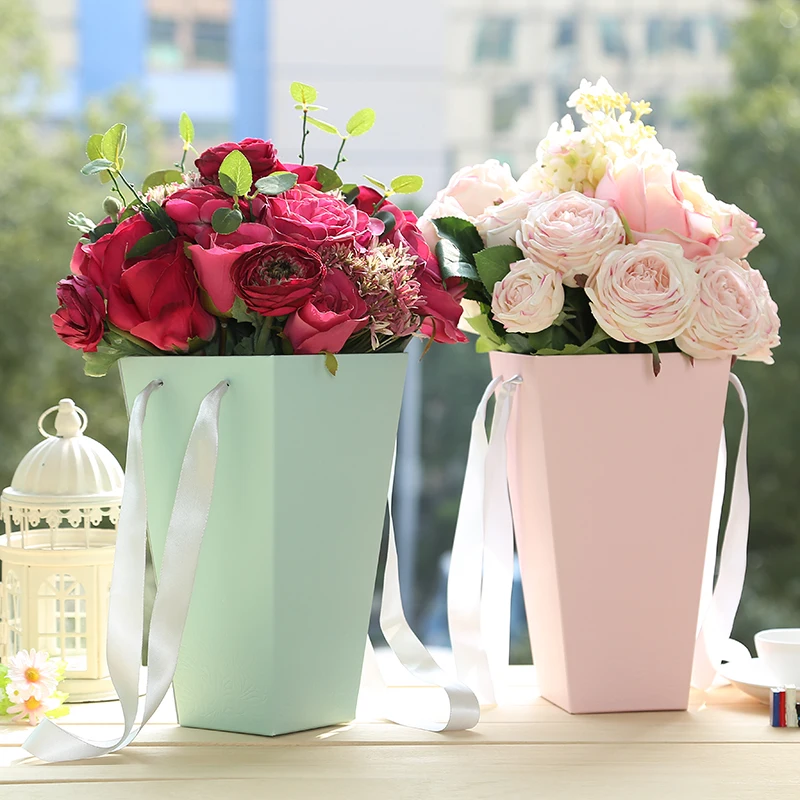 Fresh Flower Square Rose Decorative Tall Packing Square Cone Packaging Bag With Twist Ribbon Handle