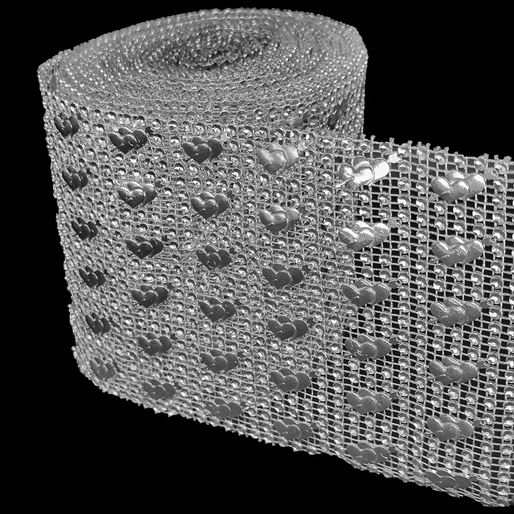 wholesale 24 row Silver Heart Silver Diamante Wedding Table Wrap  motif strass mesh ribbon trim