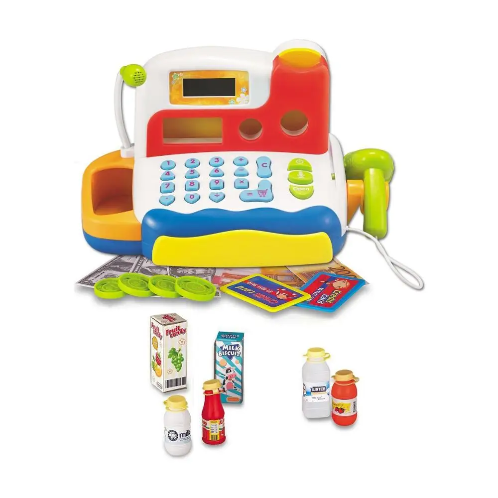 Durable Kids Cash Register Toy with Electronic Sounds, Microphone, Scanner, Calculator, and Pretend Play Food Set