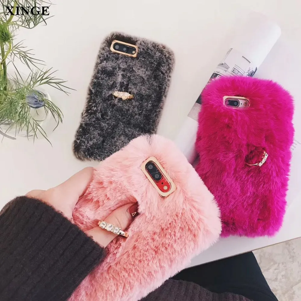 Роскошные животного мех кролика Пушистый Женщины сотовый телефон чехол для iPhone 6, 6 S