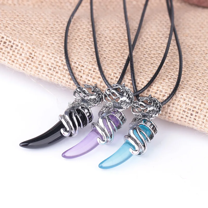 Wholesale alloy jewelry waxed cord chain acrylic wolf tooth necklace