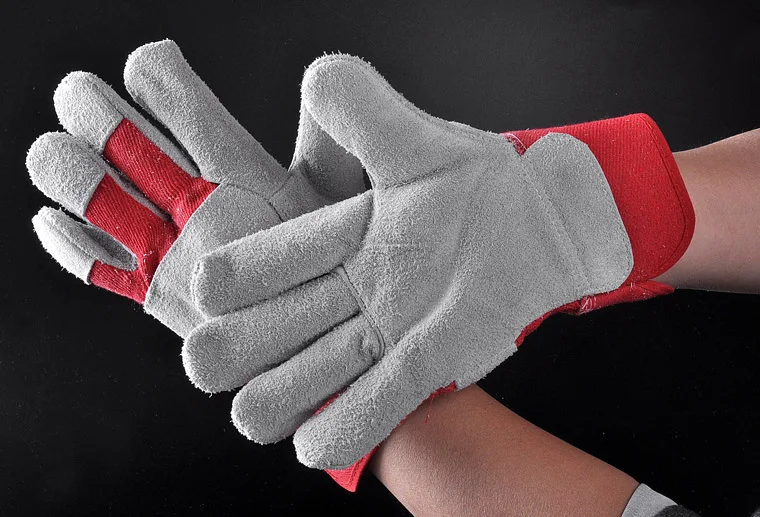 Red Double Palm Split Cow Leather Work Gloves With CE Certificate For Mechanic