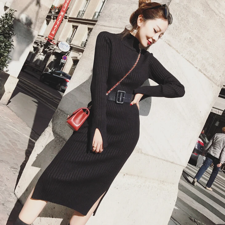 women knit long   turtleneck  thicken winter Korean style  fashion Sashes  furcal pure color