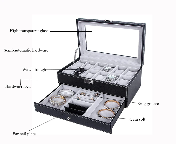 
Hot Sell Custom Large Capacity leather velver wooden Double table watch packaging box 
