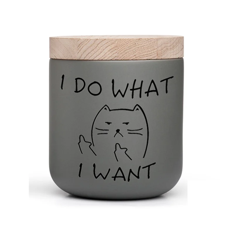 Cute Funny Cartoon Cat Print Matte Ceramic Candle Jar