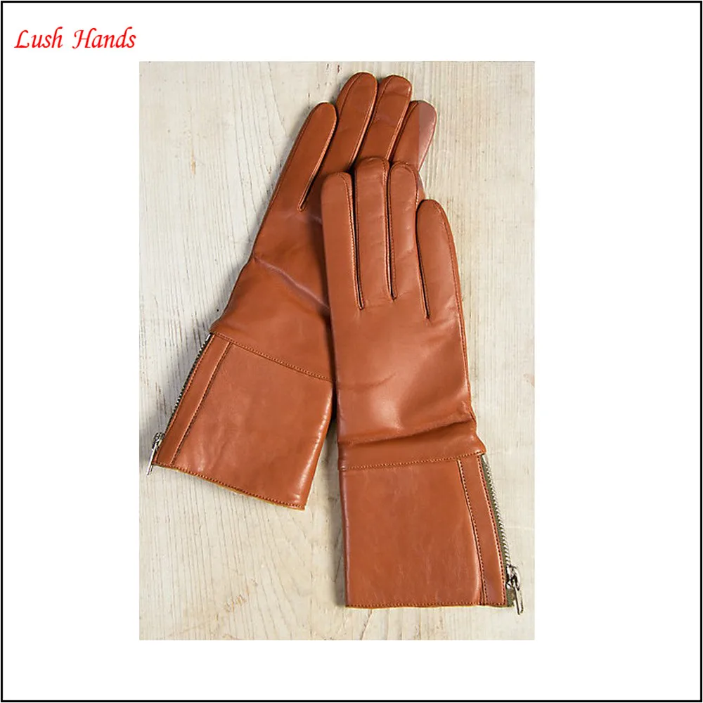 
Ladies brown long soft nappa leather gloves with zipper for winter 