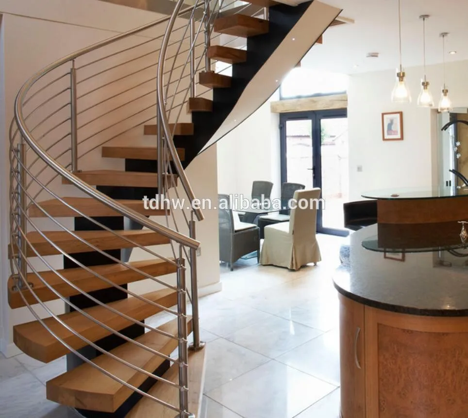 Indoor customized carved wood treads curved staircase with stainless steel railing