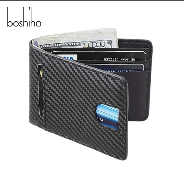
HOT SELL men leather Carbon Fibre Wallet Clip Slim credit RFID Card Holder With Front Pocket And ID Window 
