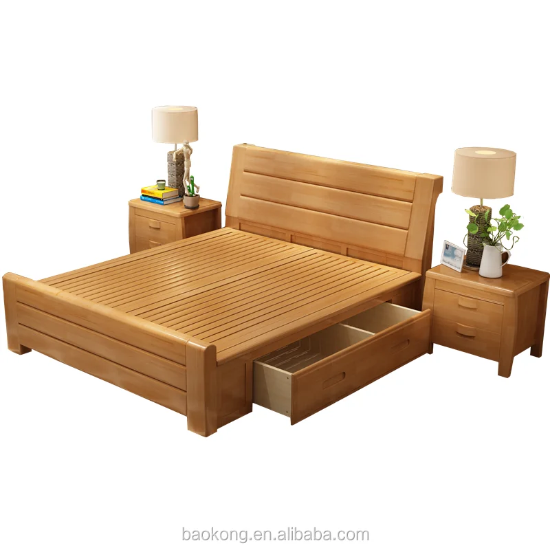 Rubber Wood Bedroom Furniture Double Bed With Drawers
