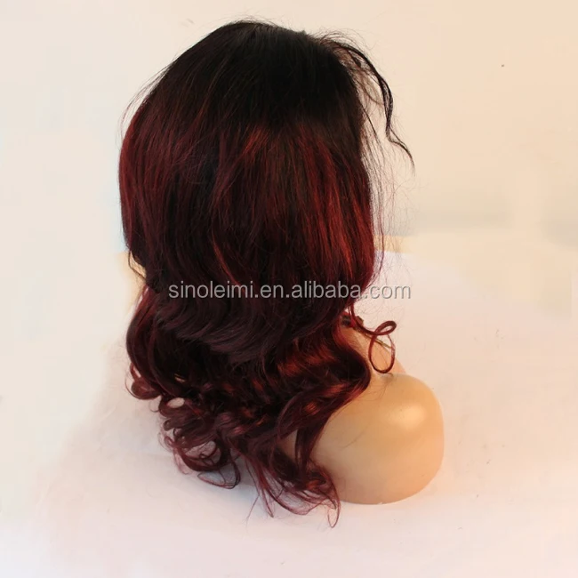 Ombre color black root red wavy full lace wig 100% virgin human hair