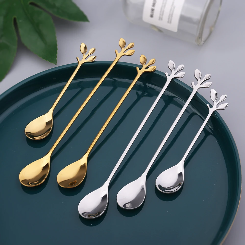 Elegent Leaf Cake Fork And Spoon Colorful Small Stainless Steel Coffee Stirring gold Spoon