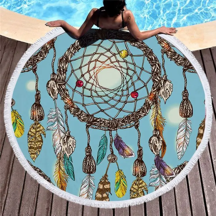 Terry Teenage Girl Beach Towel Yoga Mat Colorful  Dreamcatcher Round Beach Towel For Women