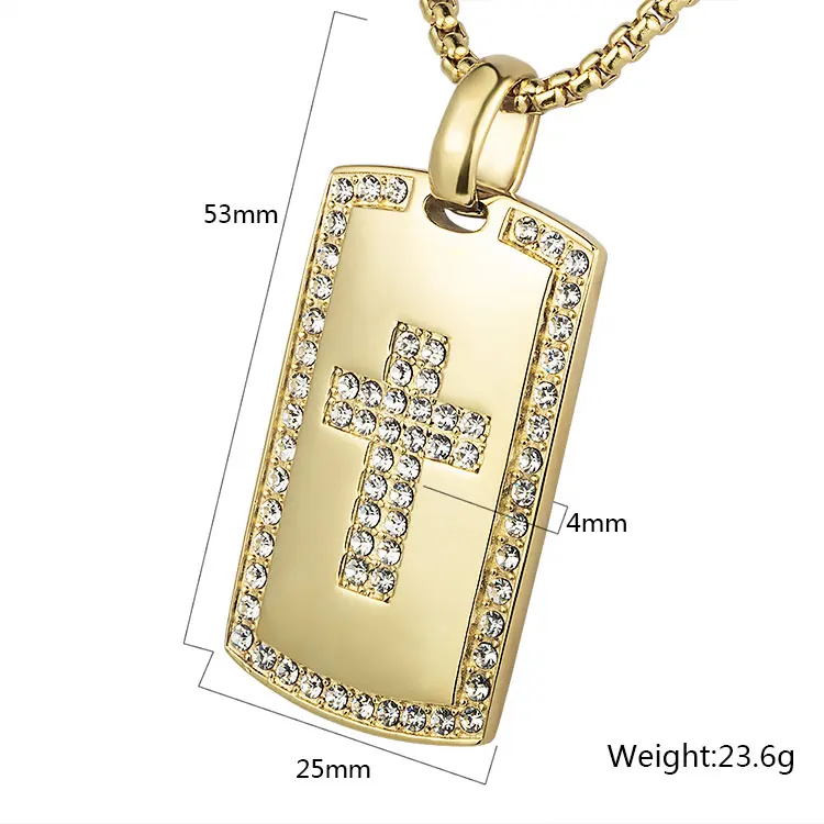 Promo Dog Tag Pendant High Quality Hip Hop Men Stainless Steel Gold Plating CZ Cross Piece Pendant