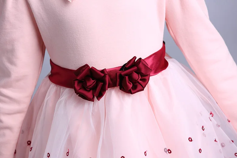 Retail Pink princess flower Embroidery Girls Pageant Dresses Long Sleeve Weddings Cheap Little Girl Party Dress
