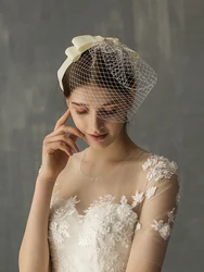 V625 Fascinators Blusher Marriage Bridal Veil Netting Cut Edge One-Layer White Wedding Short Bride Veil with Ribbon Bow Comb