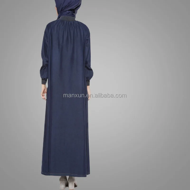 2018 Summer Muslim Denim Abaya Tie Back Islamic Clothing Maxi Jeans Dress Dubai Fashion Long Sleeves Dress