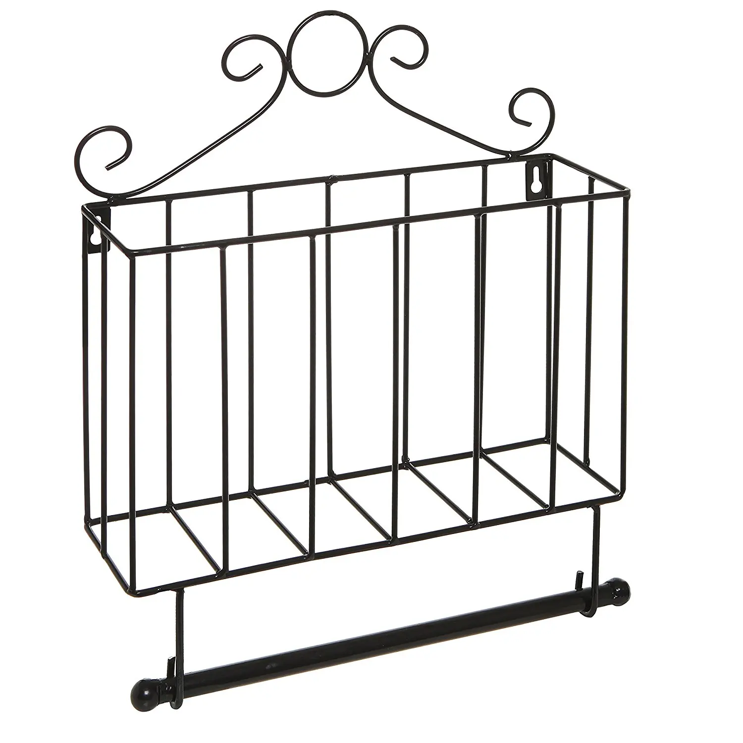 
Black Metal Scrollwork Design Wall Mounted Bathroom Magazine Shelf Basket Rack with Toilet Paper Roll Bar 