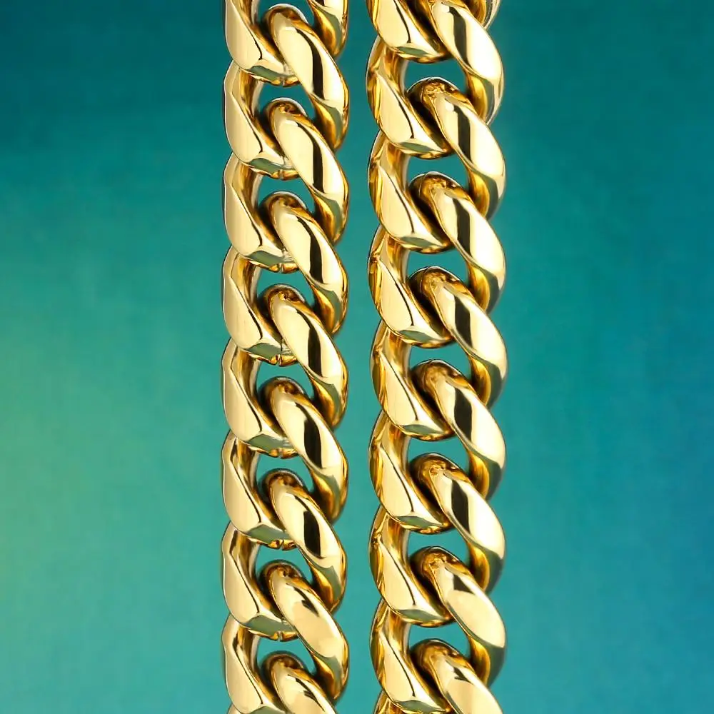 
KRKC&CO 10mm Men Hip Hop Set 18K Gold Plated 28inch Stainless Steel Cuban Link Chain and 8.5inch Miami Link Bracelet Set 