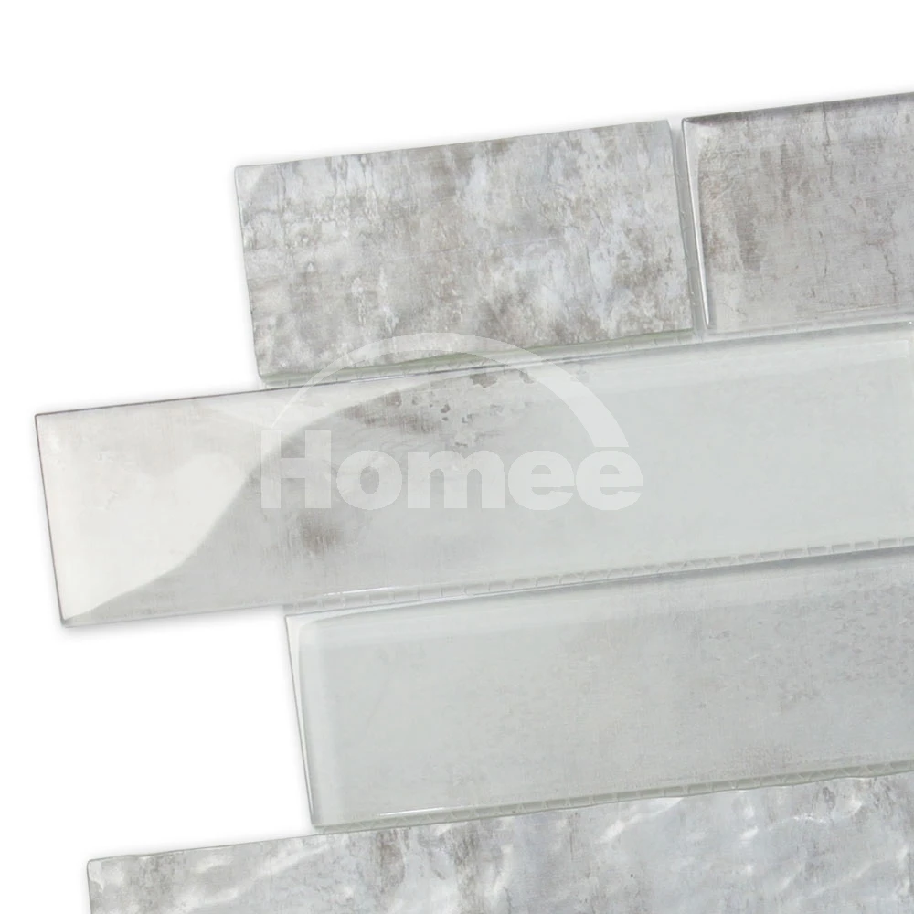 building decoration mesh mounted inkjet printing cement design kitchen backsplash crystal grey strip glass mosaic tile sheets