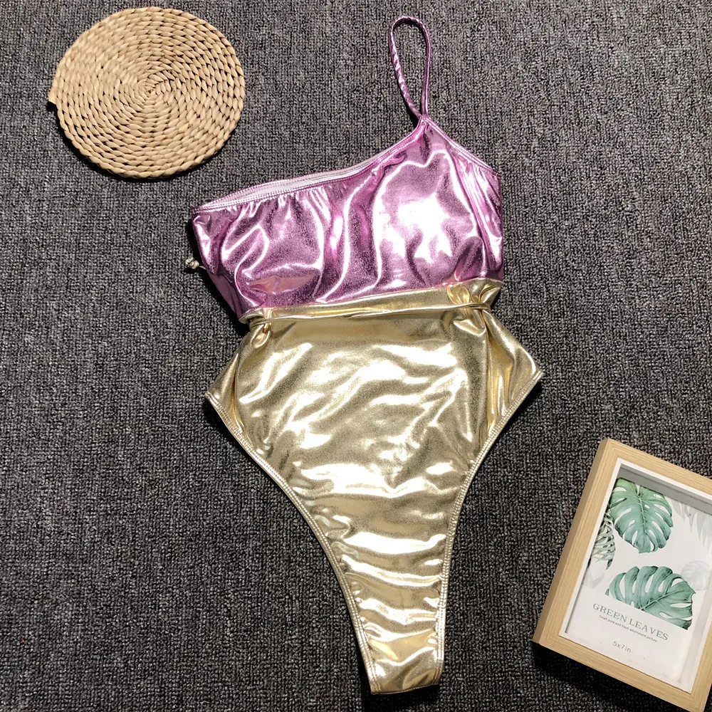 2019 One-shoulder Metallic Matching Swimwear Pink Glitter Bikini