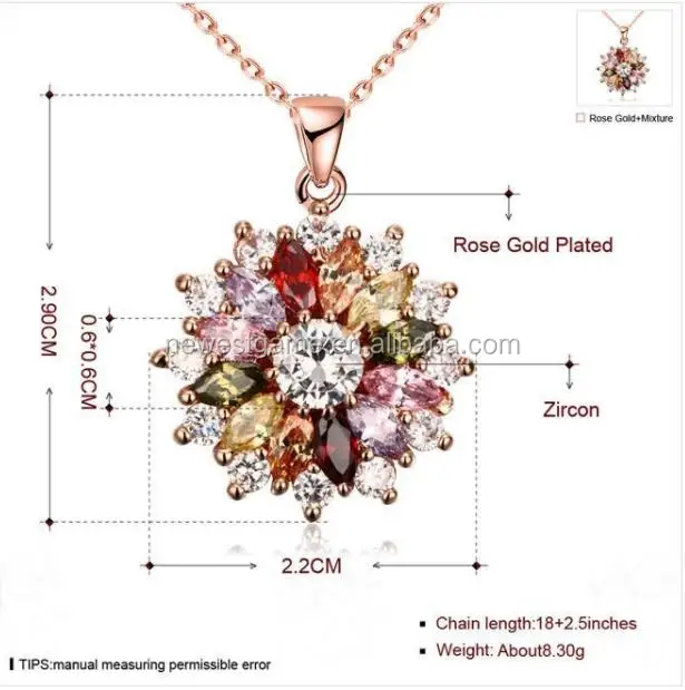 
wholesale retail Hermosa Jewelry Necklace Rose Gold Plated Multi Colored Zircon Flower Pendant free shipping 